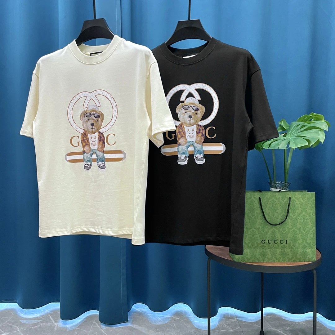 Gucci T-shirt Bear Print on the Chest logo round Neck Short Sleeve25ss New Pure Cotton Unisex Style T T-shirt OS Loose Fit Base Shirt Casual Top Short Sleeve T-Shirt