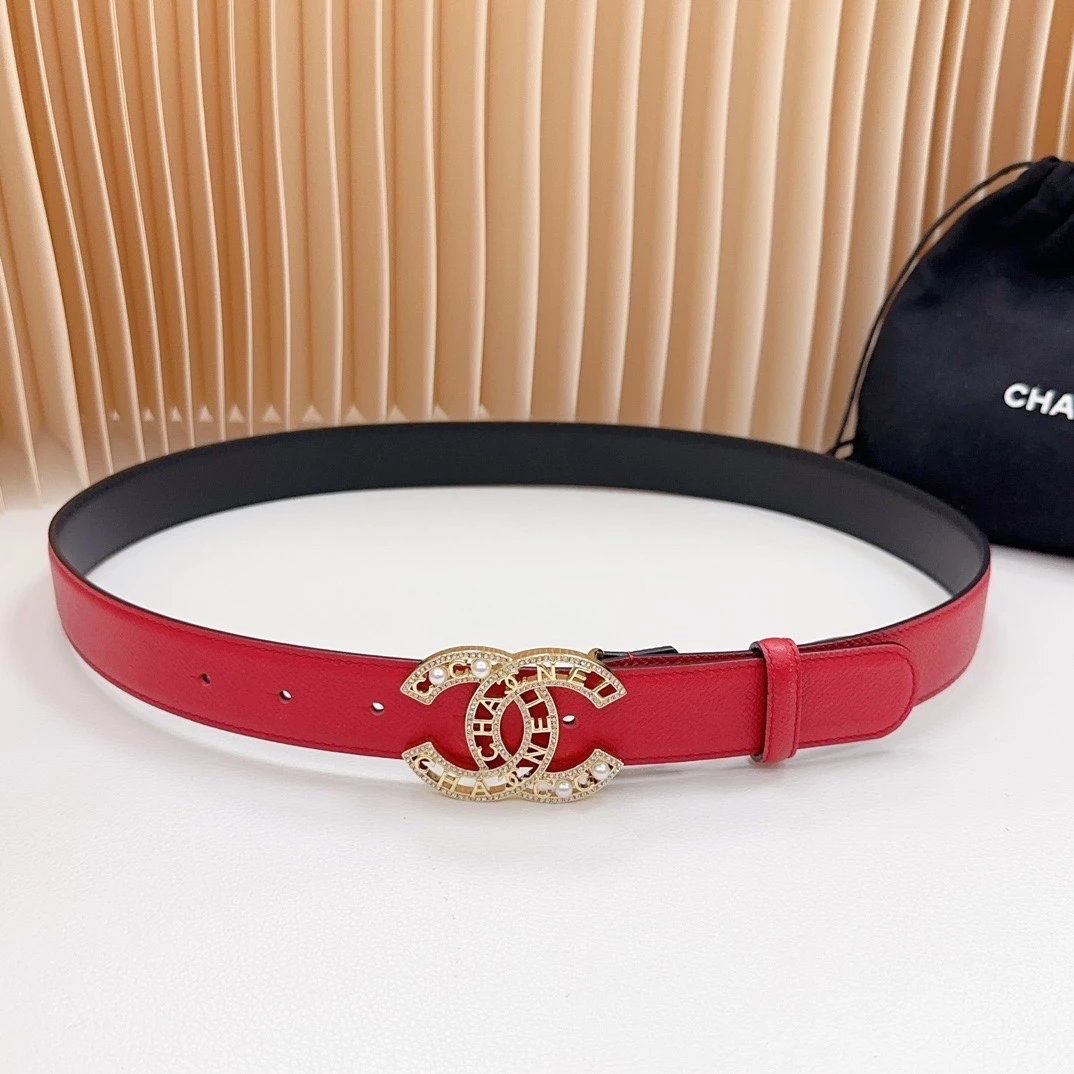 Chanel Belt Women's Belt Belt3.0cm Official Website New,Double-Sided Head Layer Cowhide Leather,Length:.75.80.85.90.95.100Europe,Copper Hardware Drill Buckle Original Mold Opening Customization