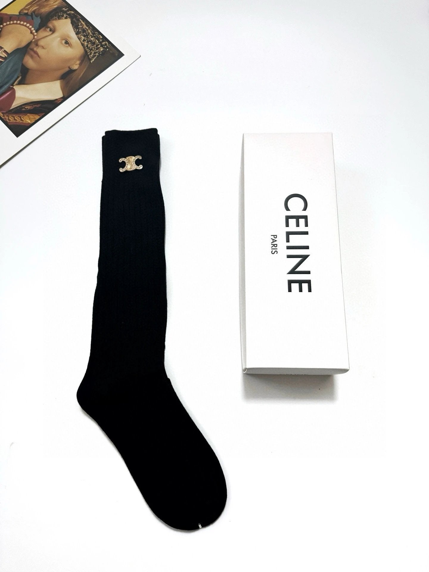 Celine Sock 【One box, one pair】Classic Letters logo Breathable and Stylish Pure Cotton Knee-High Socks25ss New Cotton Socks Spring Summer Autumn Thin Business Sports Casual Versatile Deodorant Sweat-Absorbing
