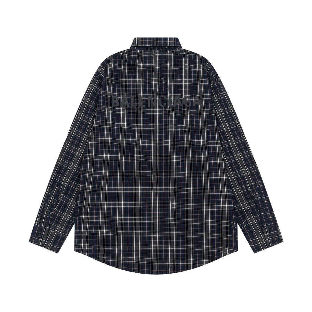 Balenciaga Shirt Green and gray plaid back logo Long Sleeve Shirt Versatile Casual Loose Fit Turn-down Collar Long Sleeve Shirt os Unisex Style24ss Autumn and Winter New Products