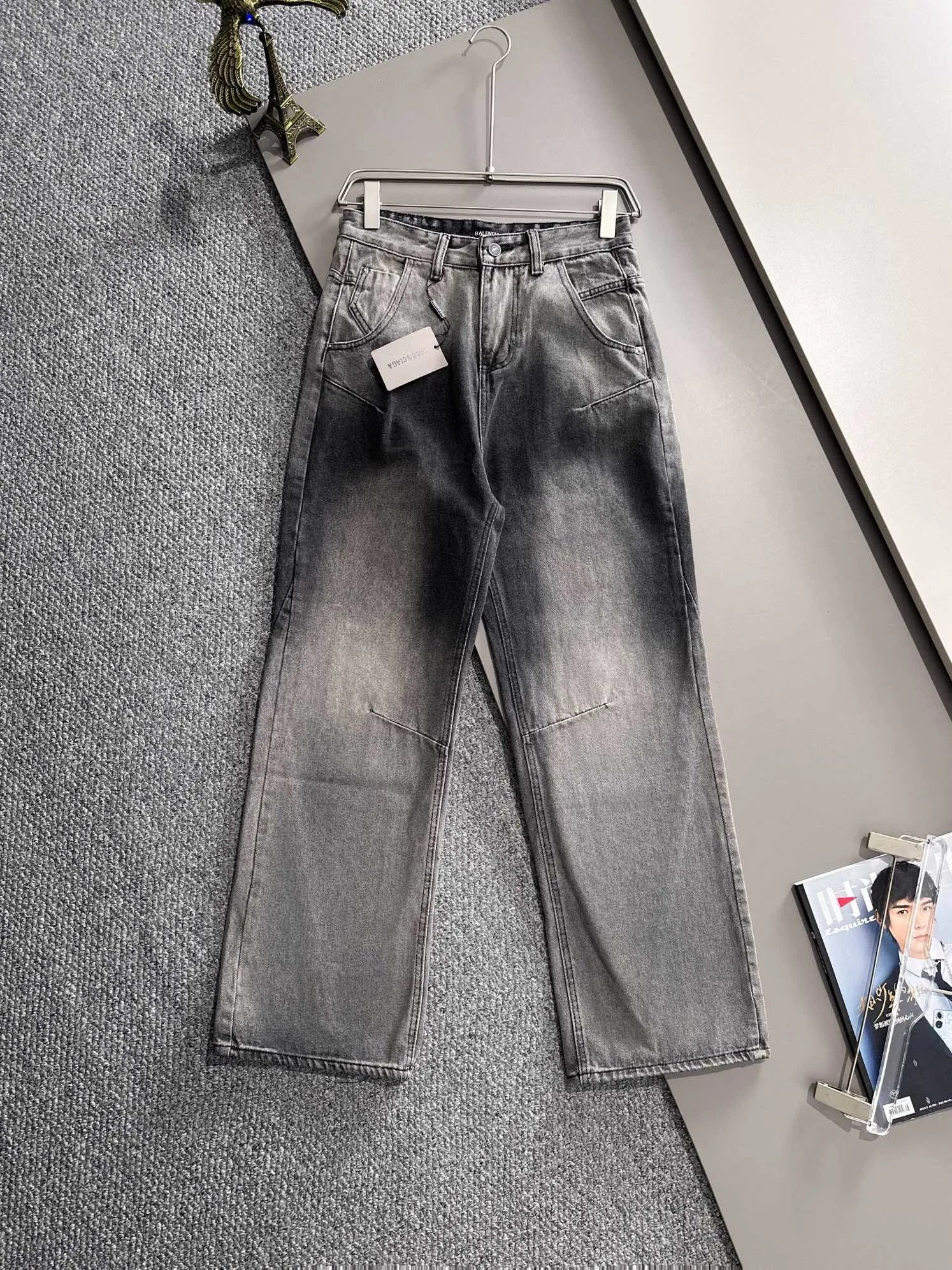 Balenciaga Jeans 25ss Spring Summer New Ripped Pleated Color Block Double B Straight Leg Jeans Unisex Long Pants