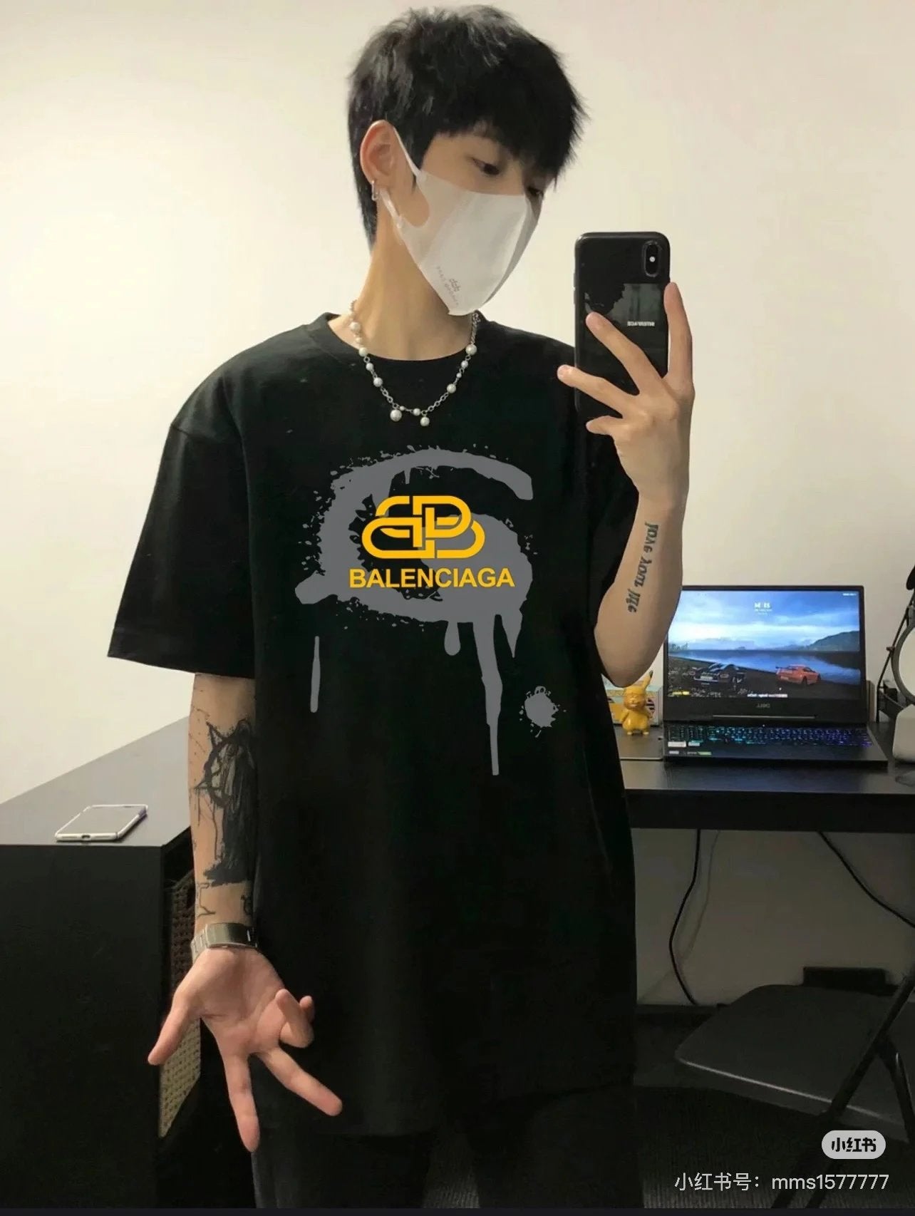 Balenciaga T-shirt Front Chest Lock Ink Splash Letter Print logo round Neck Short Sleeve25ss New Pure Cotton Unisex Style T T-shirt OS Loose Fit Base Shirt Top Half Sleeve T-Shirt