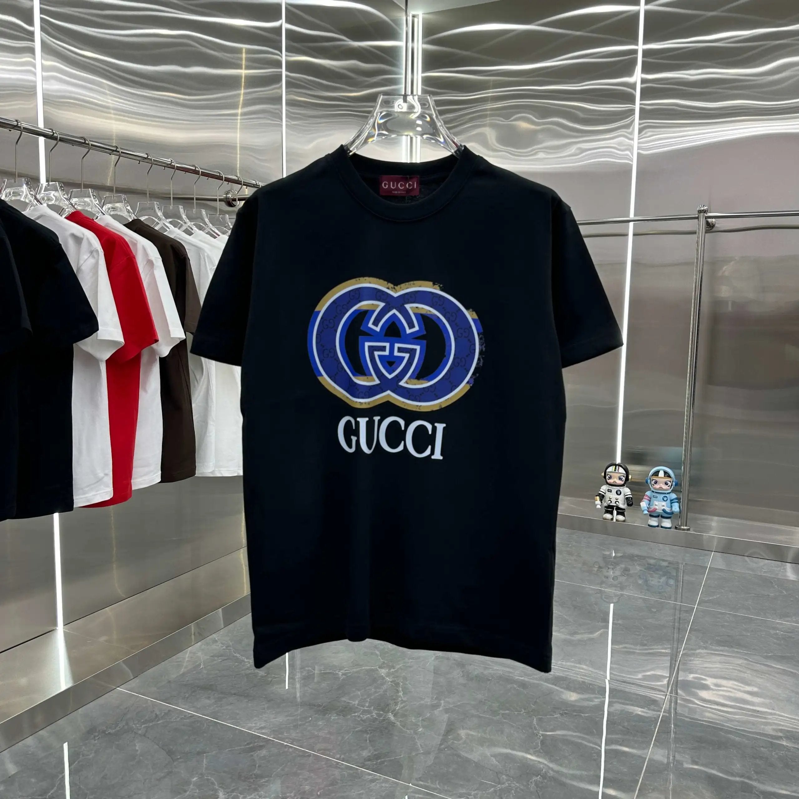 Gucci T-shirt Double Button Front Personality Print Round Neck Short Sleeve25ss New Pure Cotton Unisex Style T T-shirt OS Loose Fit Base Shirt Short Sleeve Top T-Shirt