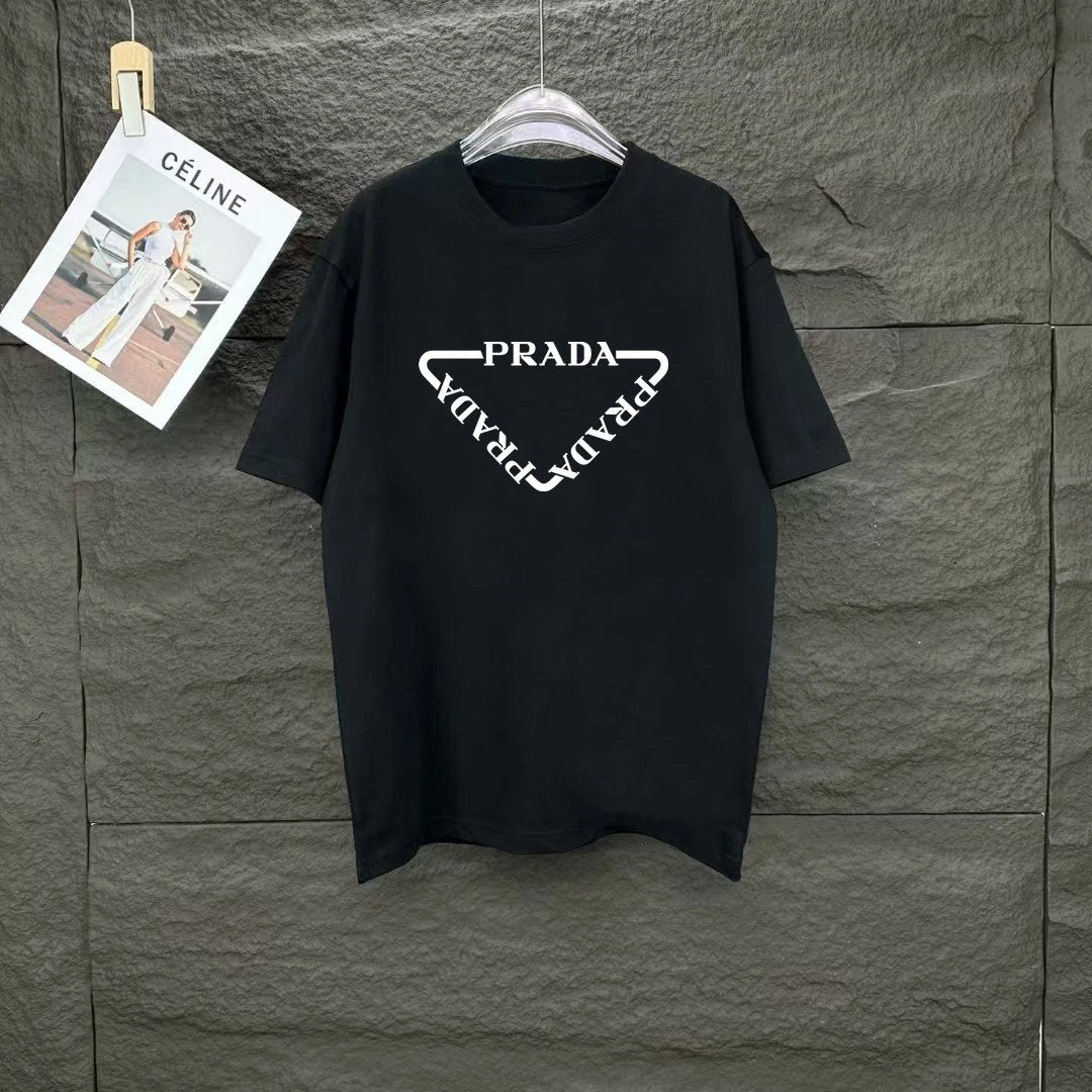 PRADA T-shirt Triangular Letter Print on the Chest logo round Neck Short Sleeve25ss New Pure Cotton Unisex Style T Casual T-Shirt Base Layer Shirt OS Loose Fit Half Sleeve Top Plus Size