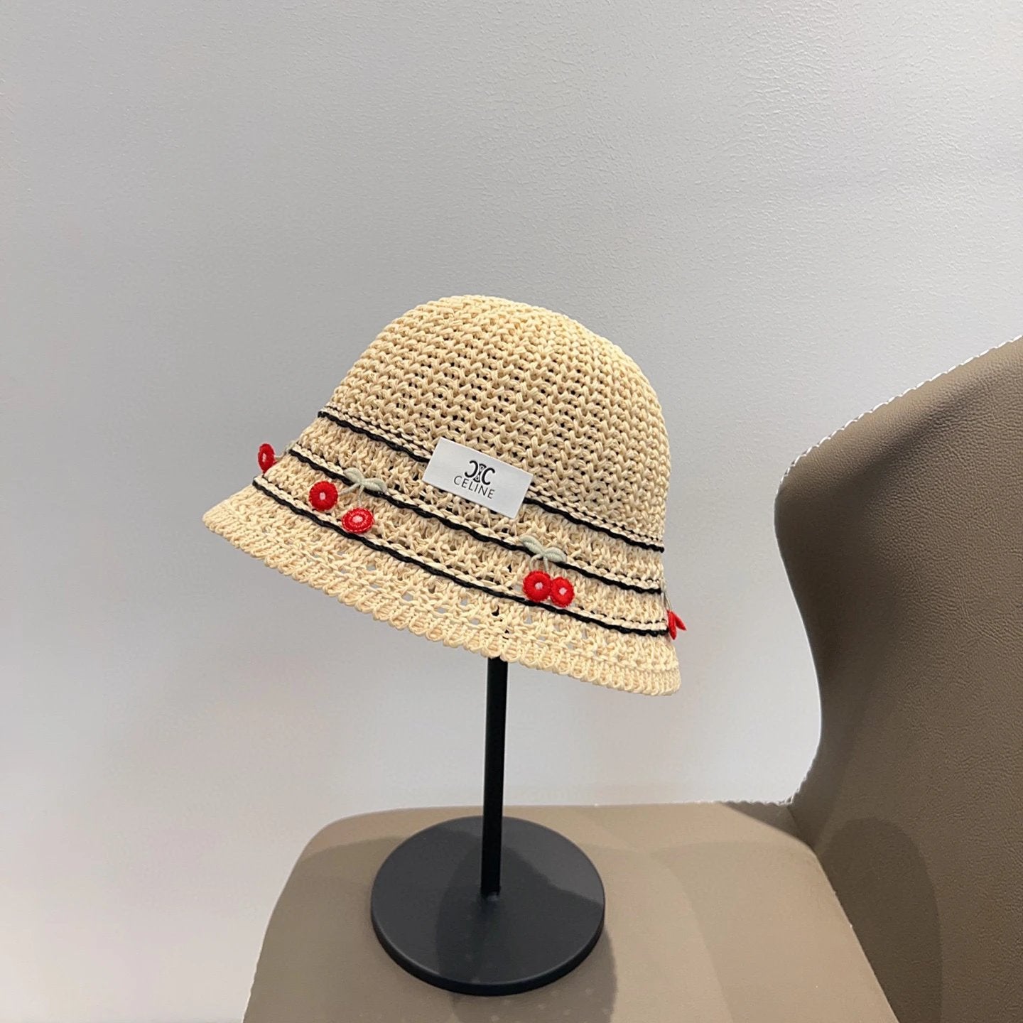 Celine Hat Cherry decoration logo Fisherman Hat Casual Sun Protection Outdoor Versatile UV Protection Plain Face Covering Sun Hat Flat Top Bucket Hat