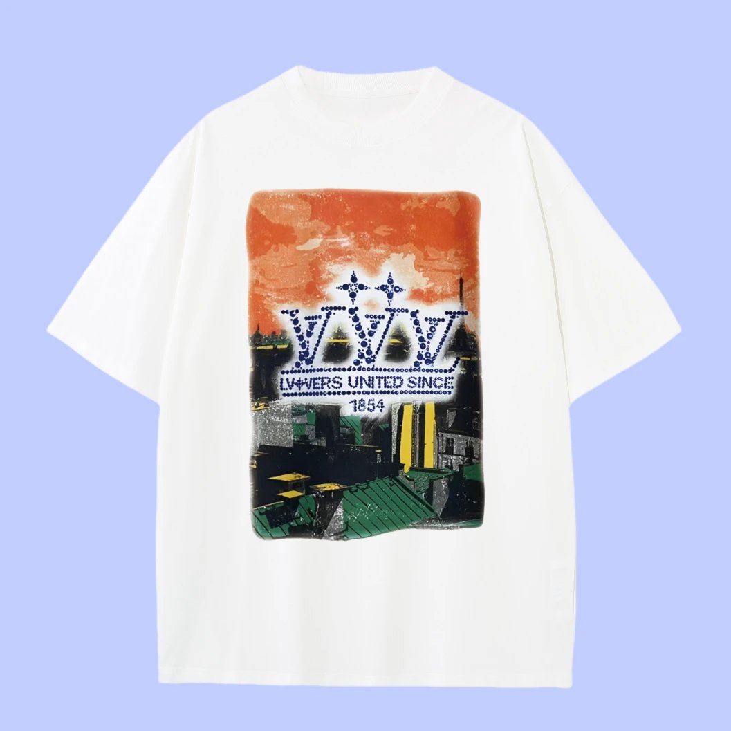 Louis Vuitton LV T-shirt City Pattern Print on the Chest logo round Neck Short Sleeve25ss New Pure Cotton Unisex Style T T-shirt OS Loose Fit Base Shirt Top Half Sleeve T-Shirt