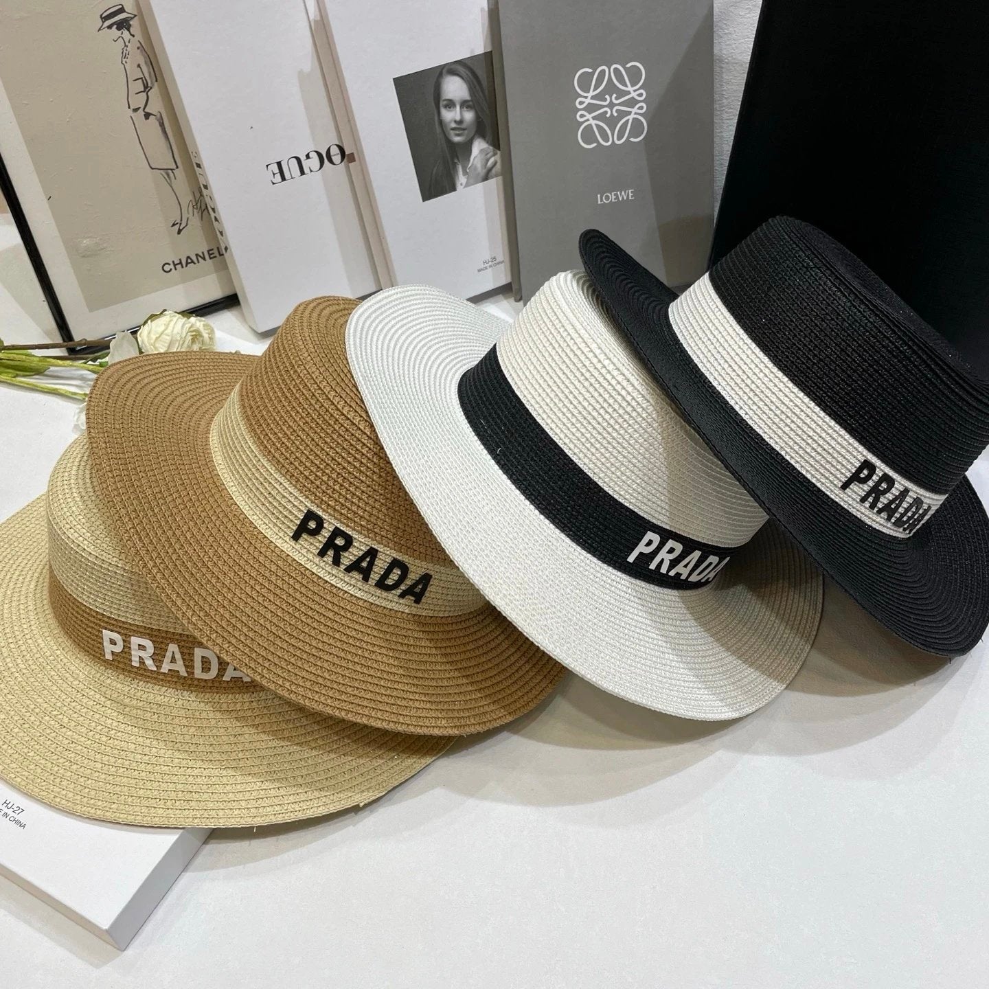 PRADA Hat Letter Embroidery logo Fisherman Hat Straw Hat Casual Sun Protection Face Covering UV Protection Outdoor Versatile Flat Top Bucket Hat