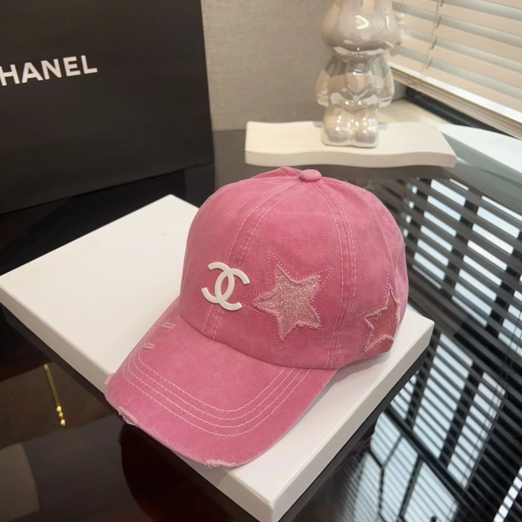 Chanel Hat Ripped Five-Pointed Star Rose Pink Baseball Hat,Ponytail Special,Women's Retro Retro Retro All-Match Face-Looking Small Wash Denim Peaked Cap