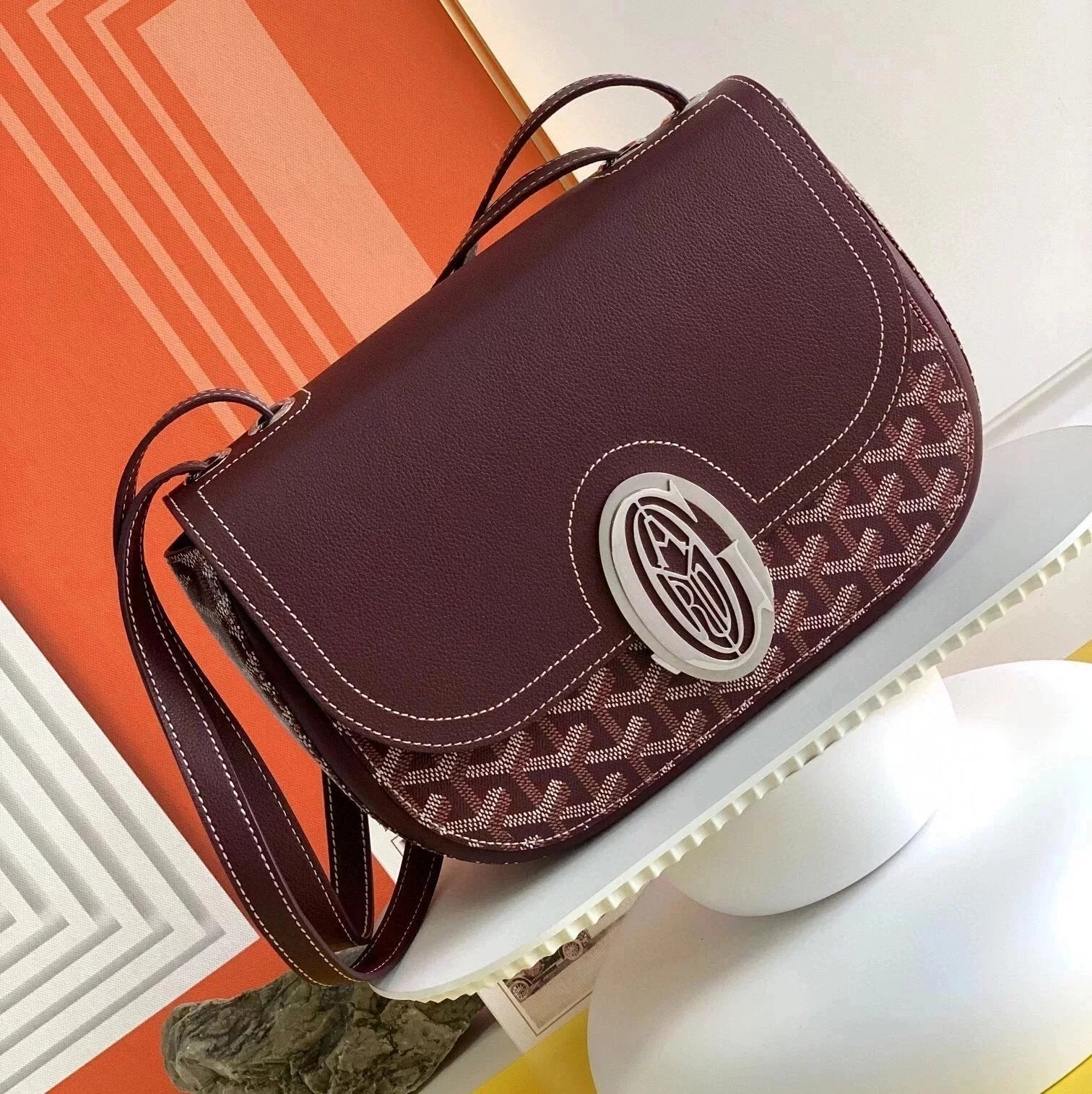 Goyard Bag Top version 2022Latest Limited Edition Commemorative Ladies233Canvas and Cowhide Stitching Women's Bag Metal Buckle Bag Shoulder Crossbody Shoulder Tote Dark Blue25cm