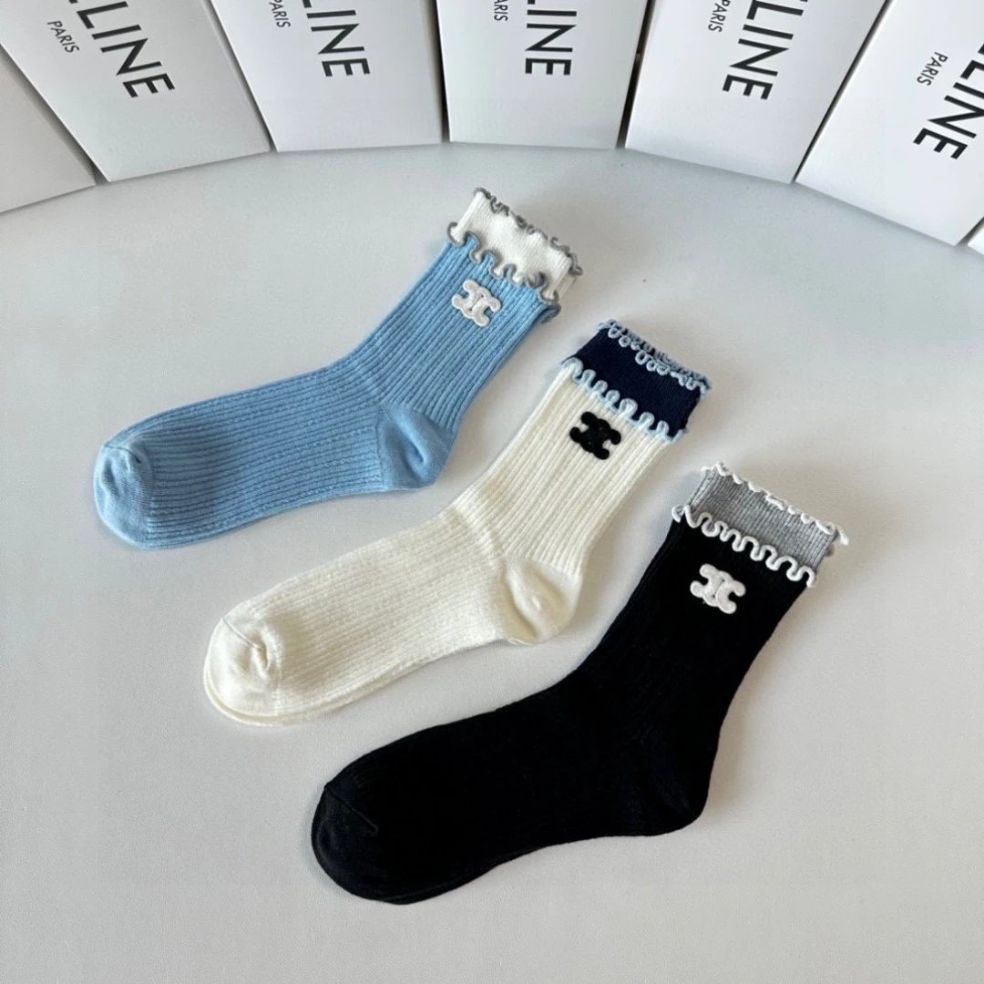 Celine Sock 【A box of three pairs】Classic Letters logo Pure Cotton Mid-Length Slouch Socks Breathable Fashionable25ss New Cotton Socks Spring Summer Autumn Thin Business Deodorant Sweat-Absorbing Sports Casual Versatile