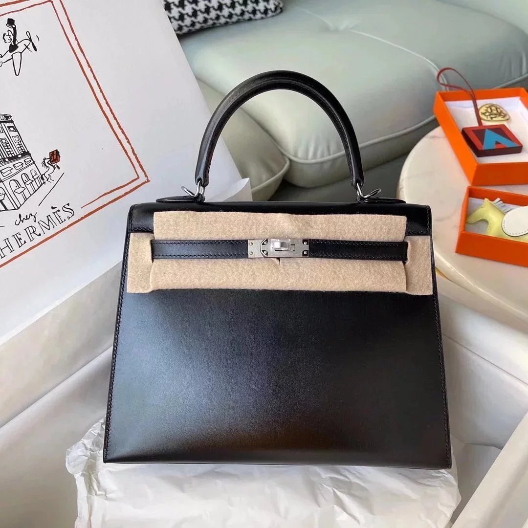 Hermes women's bag Top version Kelly bag28Women's Bag Kelly Genuine leather box Leather Wax Line Sewing Portable One-Shoulder Crossboby Bag Silver Buckle