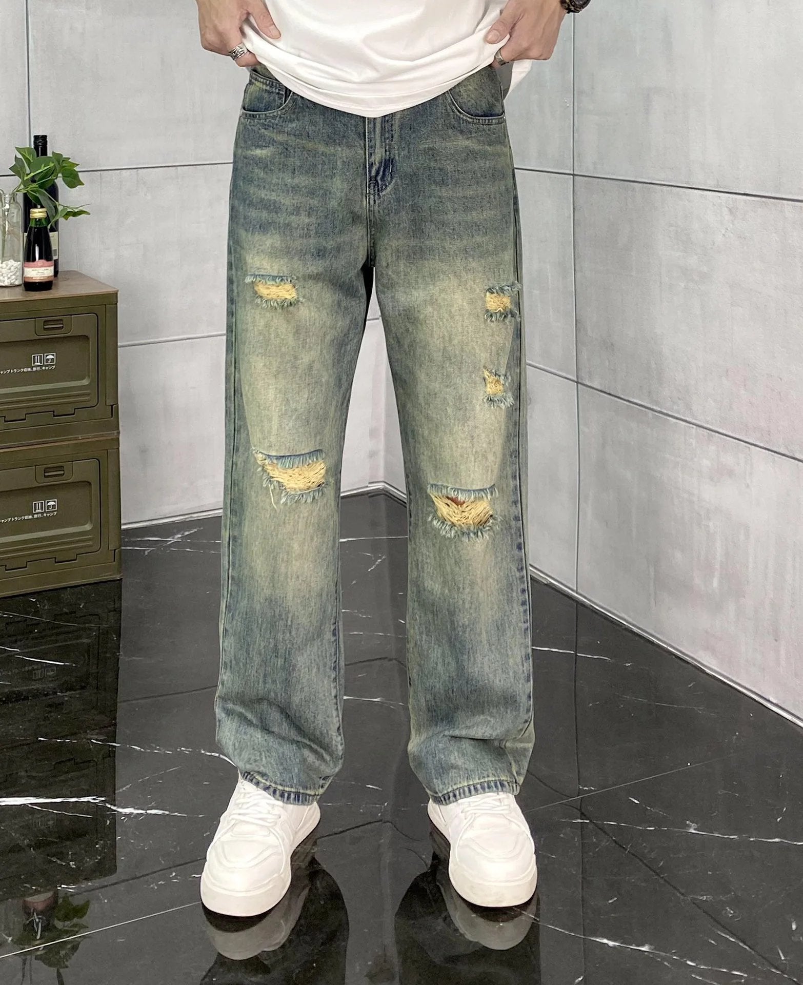 Burberry Jeans Ripped Straight-Leg Washed Blue Jeans Autumn Winter New Unisex Straight-Leg Long Pants Loose Casual Wide-Leg High Waist