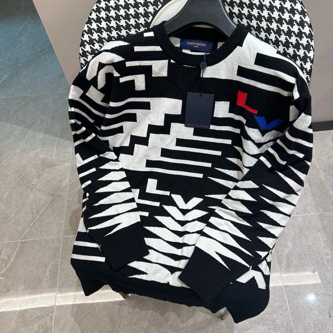 Louis Vuitton LV Sweater Jacquard Knitted Wool Crew Neck Sweater Long Sleeve Pullover Thickened Lazy Style OS Loose Fit Jacket Unisex Same Style Inner Versatile Casual Top