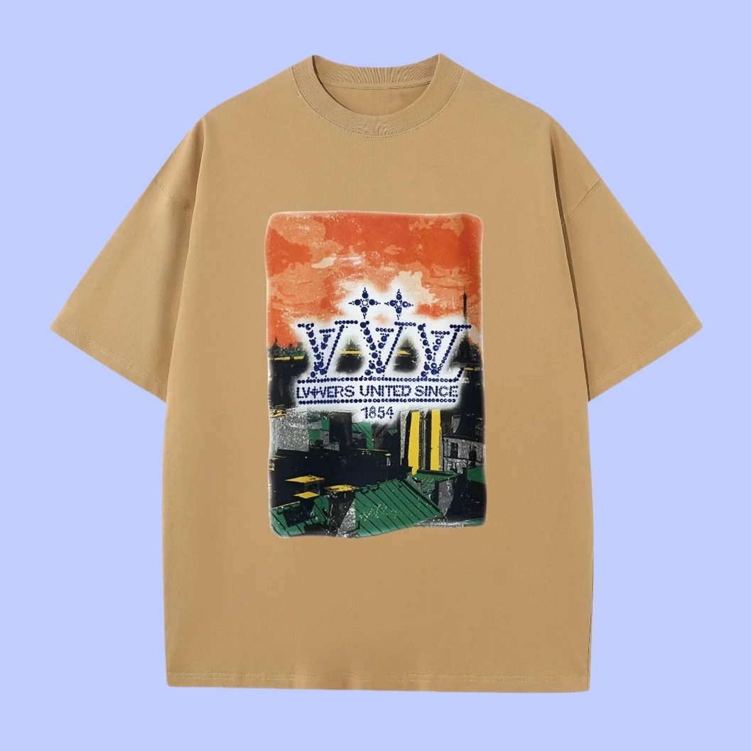 Louis Vuitton LV T-shirt City Pattern Print on the Chest logo round Neck Short Sleeve25ss New Pure Cotton Unisex Style T T-shirt OS Loose Fit Base Shirt Top Half Sleeve T-Shirt