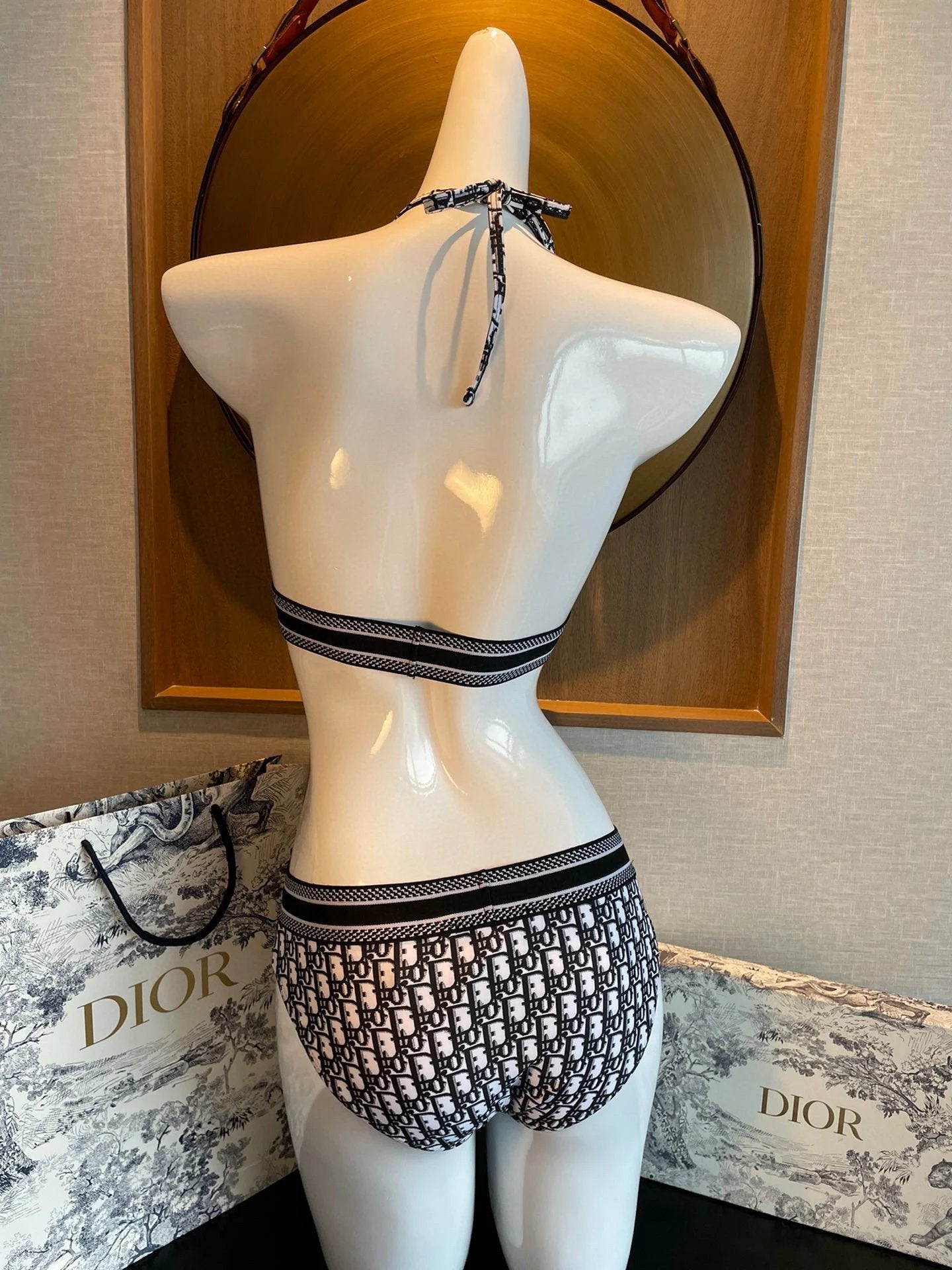 Dior Swimsuit Full Jacquard Bikini Two-Piece Swimsuit Sexy Small Chest Gathered Beach Pool Vacation Hot Spring Backless White Women's Swimwear