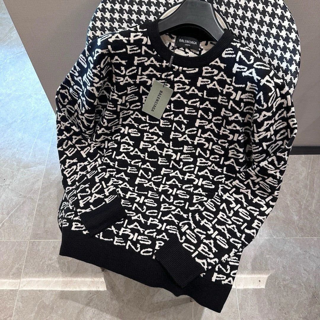 Balenciaga Sweater Full Print Jacquard Crew Neck Sweater Coat Unisex Long Sleeve Soft Lazy Style OS Loose Fit Thickened Versatile Casual Wear for Both Inner and Outer Layering