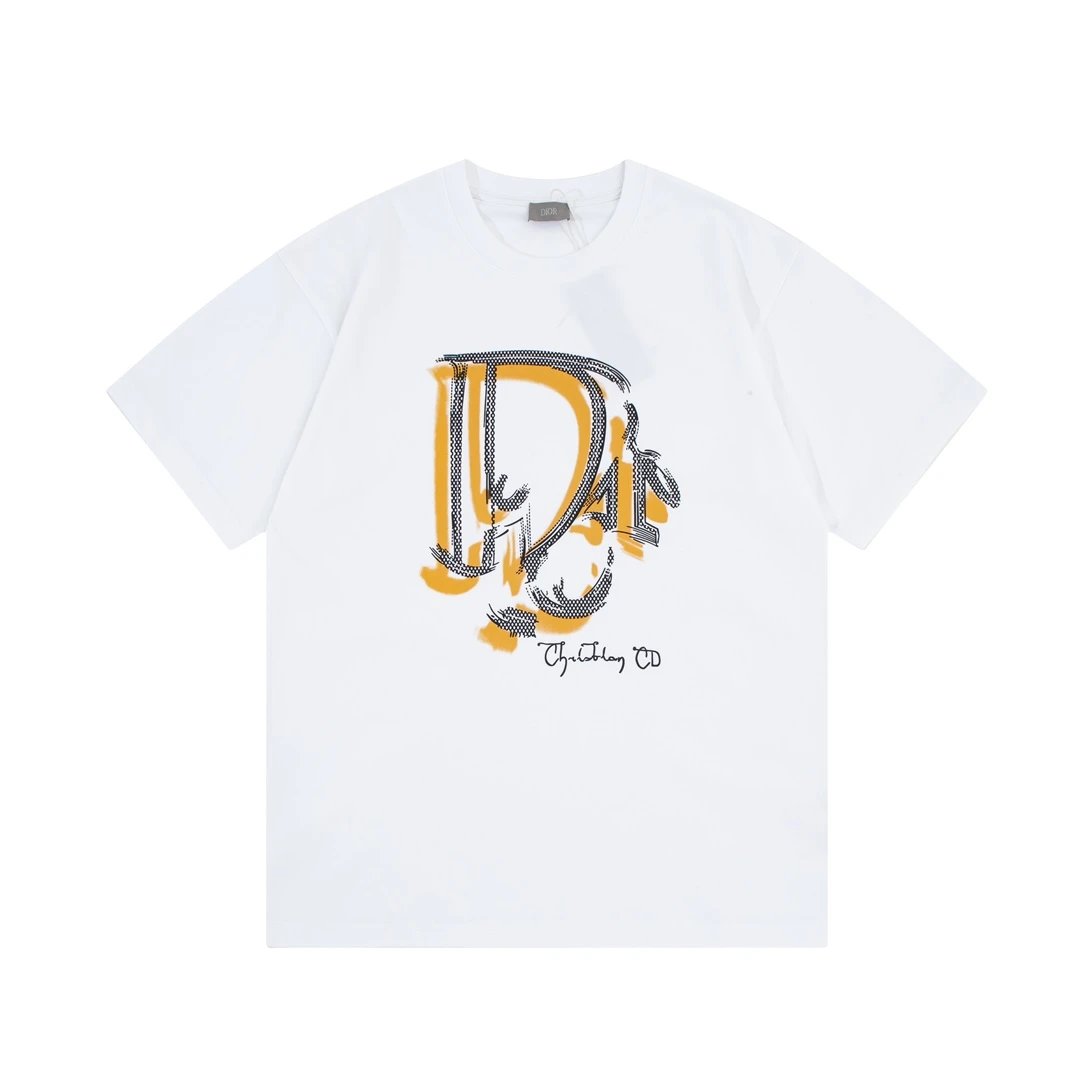 Dior T-shirt Front Yellow Label Graffiti Ink Splash Print logo round Neck Short Sleeve25ss New Pure Cotton Unisex Style T T-shirt OS Loose Fit Base Shirt Top Half Sleeve T-Shirt