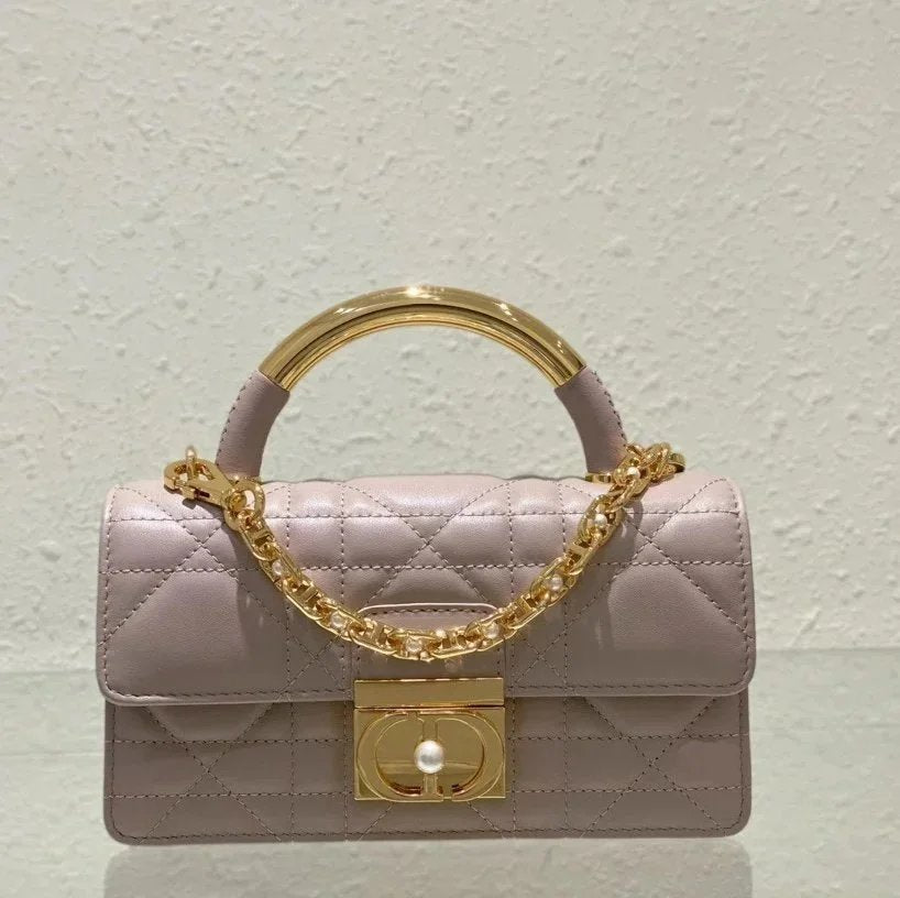 Dior Women's Bag Top version 【Original Leather Premium Quality】2024Latest Ange Chain Bag Signature Oversized Rattan Plaid,Metal Handle Bag Handbag Pearl Chain Bag Ange Handbag Chain Women's Bag