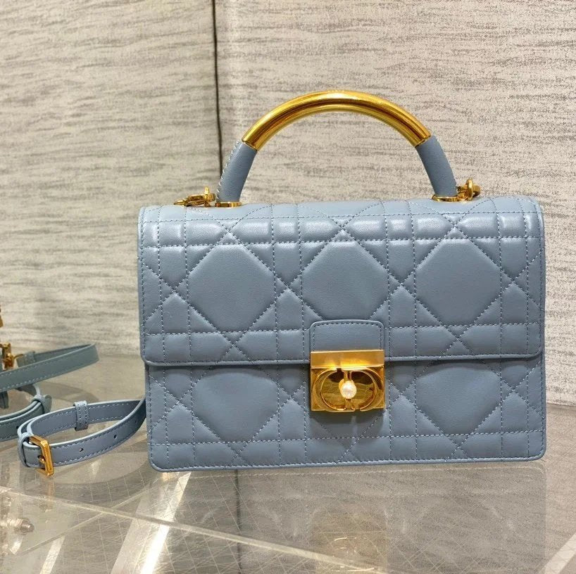 Dior Women's Bag Top version 【Original Leather Premium Quality】2024Latest Ange Chain Bag Signature Oversized Rattan Plaid,Metal Handle Bag Handbag Pearl Chain Bag Ange Handbag Chain Women's Bag