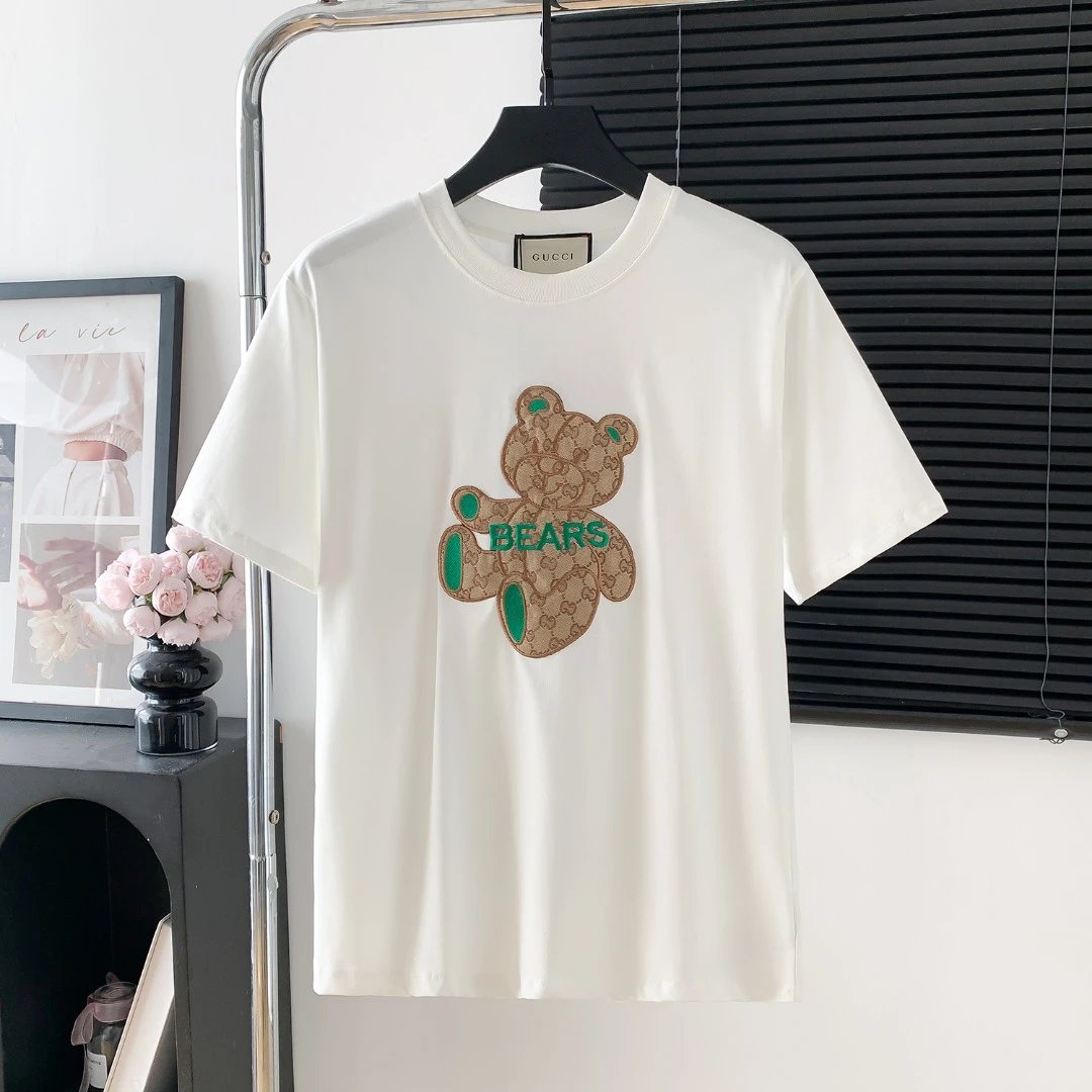 Gucci T-shirt Bear Embroidery on the Chest logo round Neck Short Sleeve25ss New Pure Cotton Unisex Style T Casual T-Shirt Base Layer Shirt OS Loose Fit Half Sleeve Top Plus Size