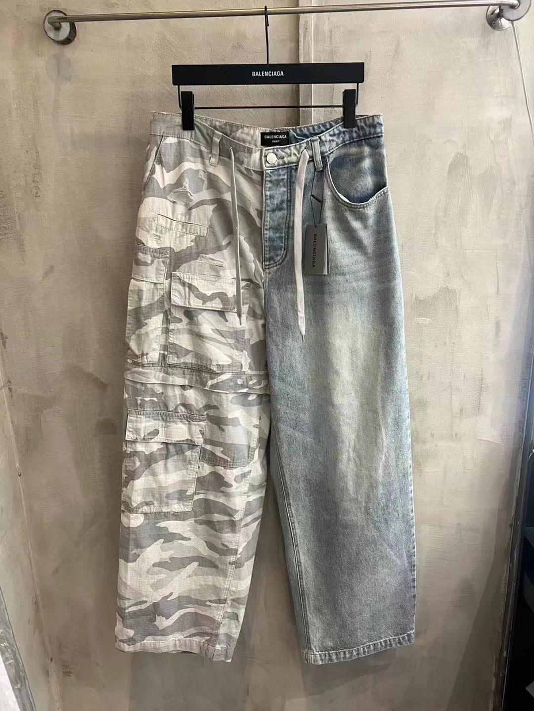 Balenciaga Jeans Camouflage Color Woven Plaid Cargo Pants Patchwork Jeans Autumn Winter New Unisex Loose Casual Wide Leg High Waist Long Pants