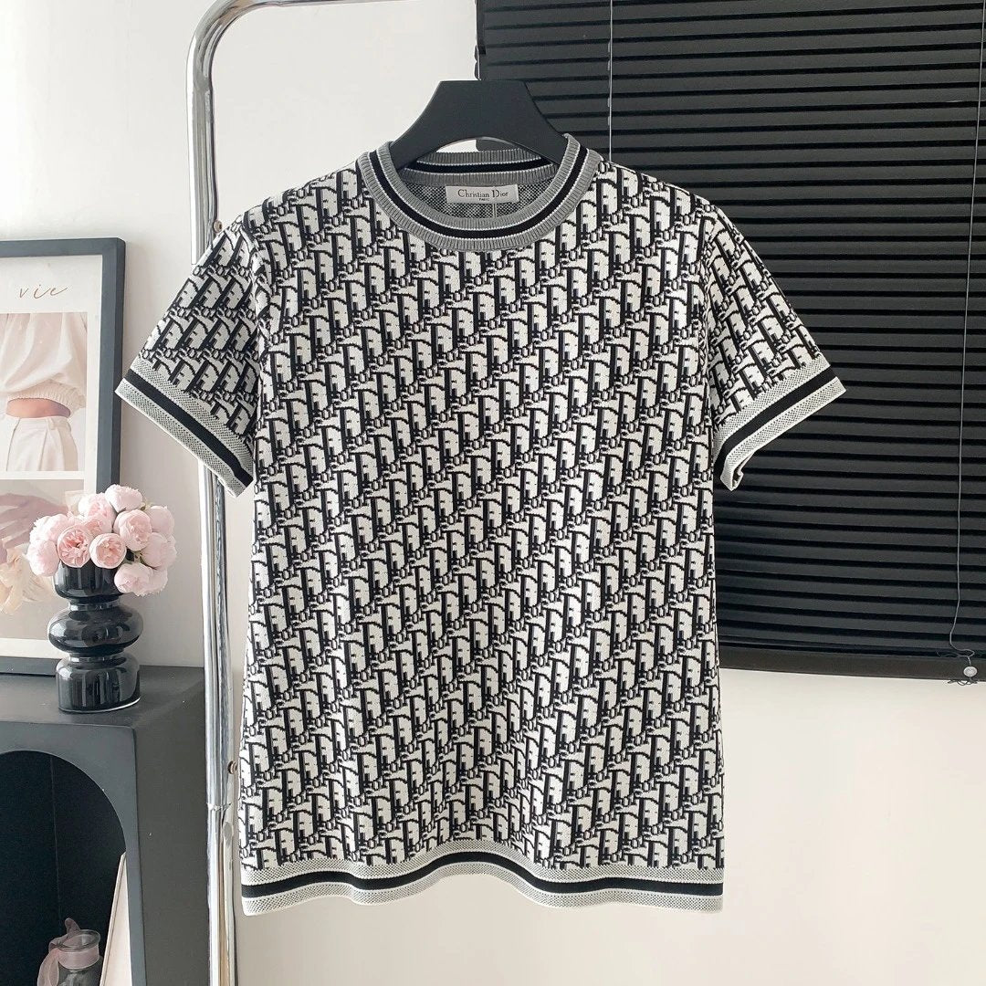 Dior T-shirt Full Print LOGO Round Neck Sweater Short Sleeve25ss New Pure Cotton Unisex Style T T-shirt OS Loose Fit Base Shirt Top Half Sleeve T-Shirt
