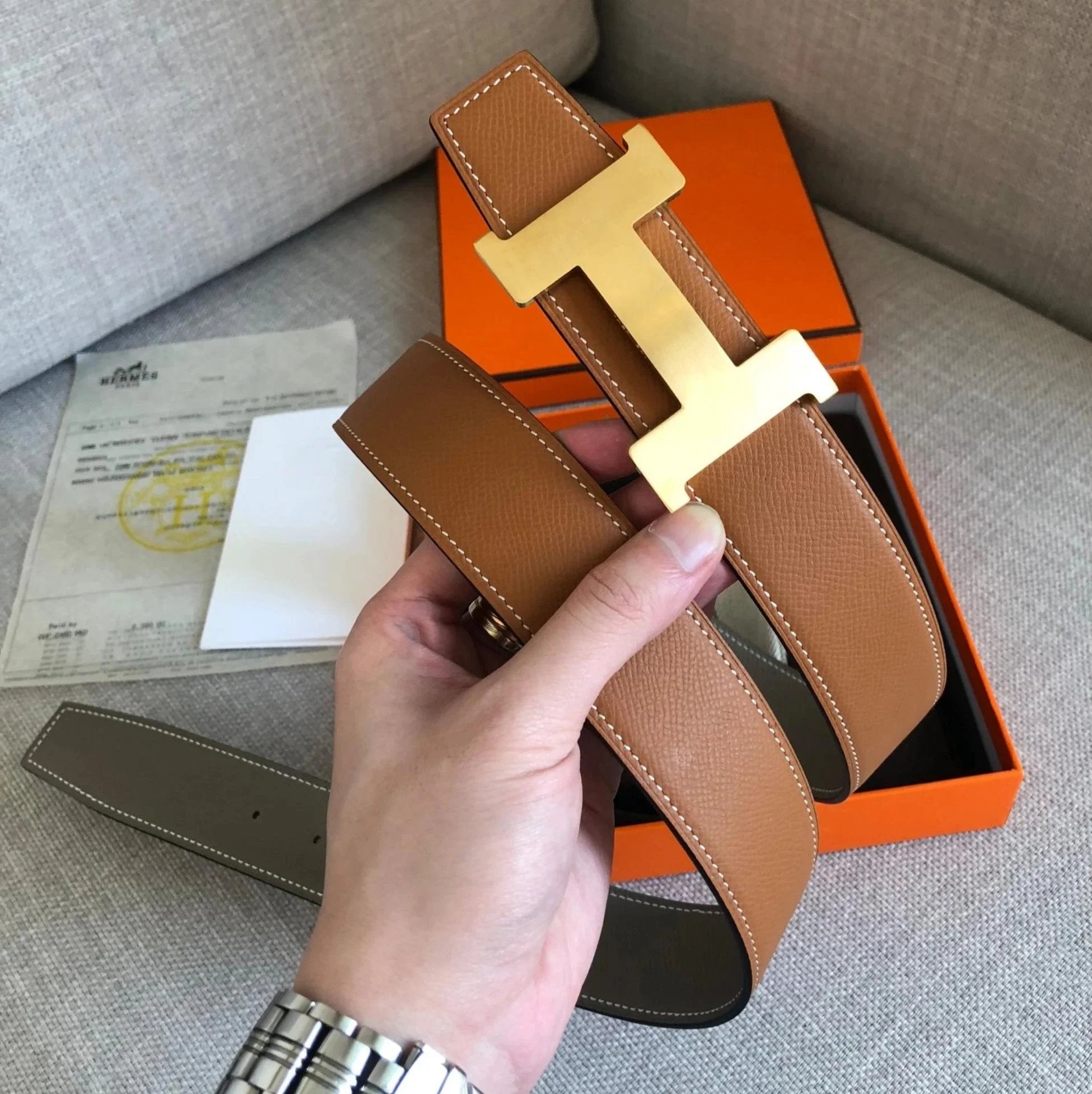 Hermes Belt Top version 3.2/3.8Men's Women's Belt Genuine Leather Double-Sided Belt Italy Imported Cowhide Leather Pure Original Leather Pure Steel Buckle Litchi Pattern h Home h Buckle1