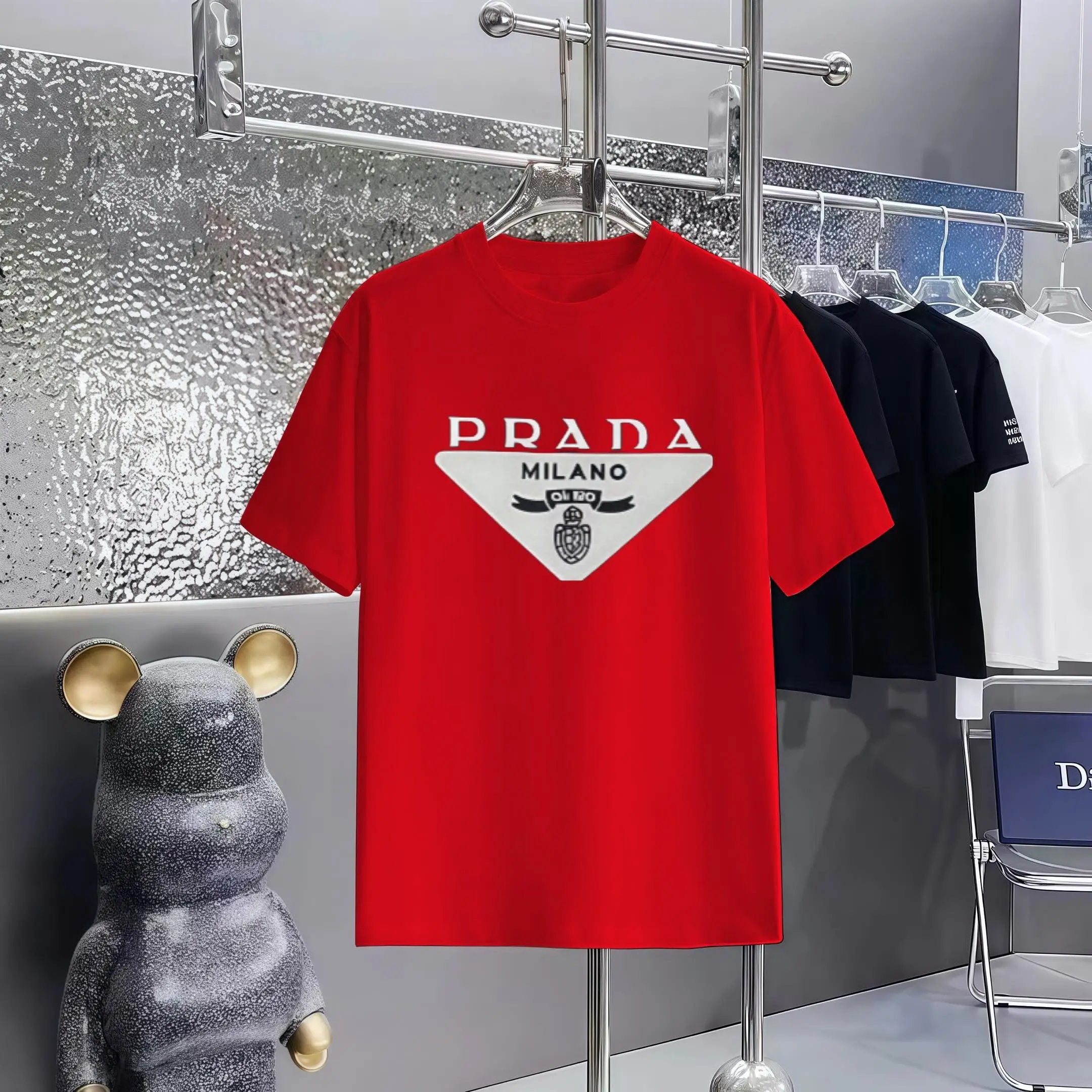 PRADA T-shirt Brand Logo and Triangle Print on Chest logo round Neck Short Sleeve25ss New Pure Cotton Unisex Style T T-shirt OS Loose Fit Base Shirt Top Half Sleeve T-Shirt