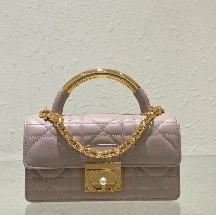 Dior Women's Bag Top version 【Original Leather Premium Quality】2024Latest Ange Chain Bag Signature Oversized Rattan Plaid,Metal Handle Bag Handbag Pearl Chain Bag Ange Handbag Chain Women's Bag