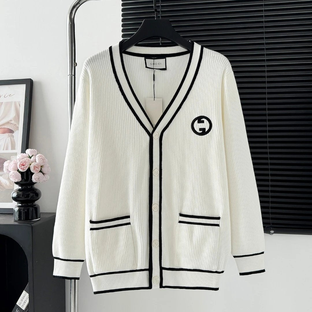 Gucci Sweater Stripe Color Matching V Cardigan Sweater25ss Spring New Men's and Women's Same Style Long Sleeve Soft Lazy Style Jacket OS Loose Fit Versatile Casual