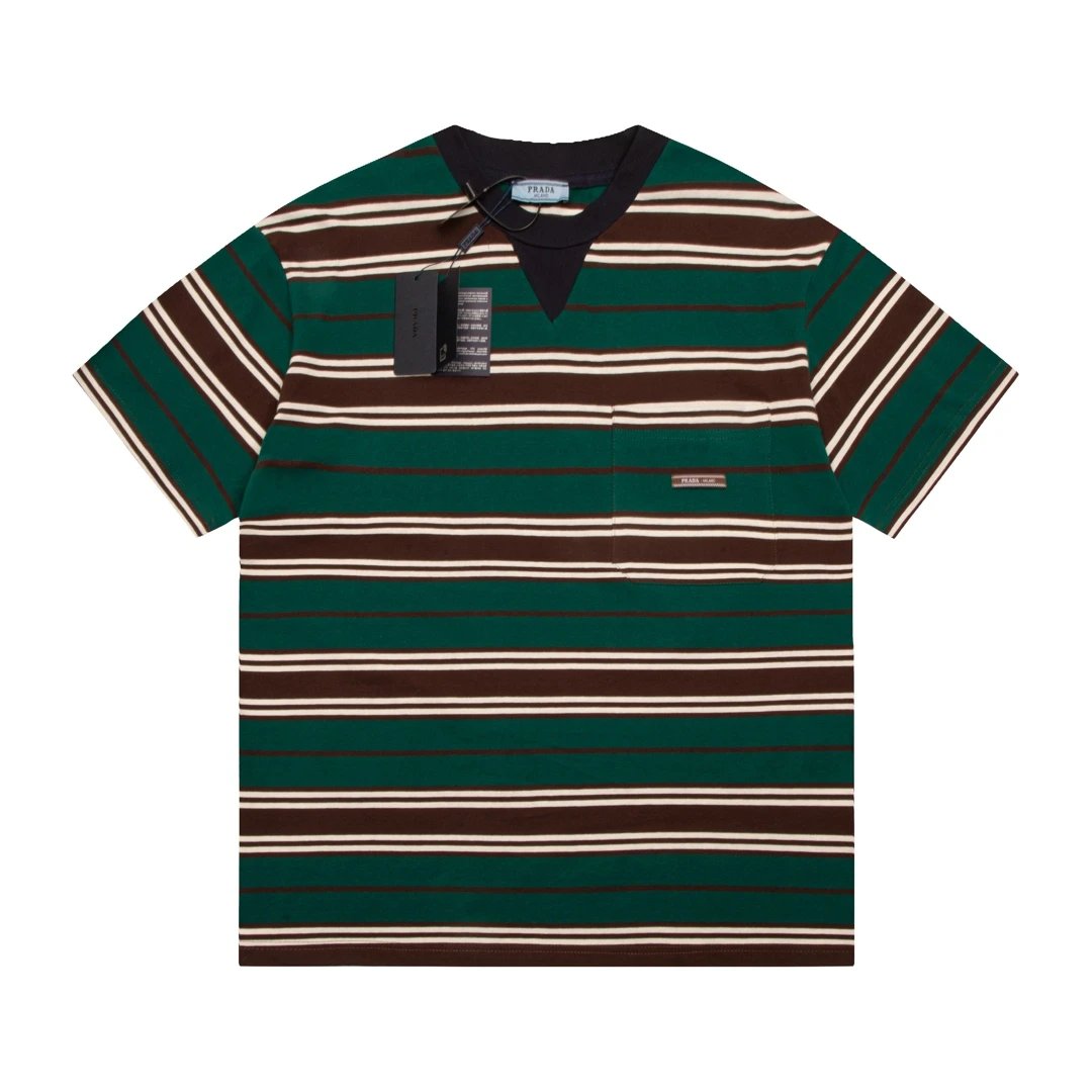 PRADA T-shirt Pocket Logo Striped Crew Neck Short Sleeve25ss New Pure Cotton Unisex Style T T-shirt OS Loose Fit Base Shirt Top Half Sleeve T-Shirt