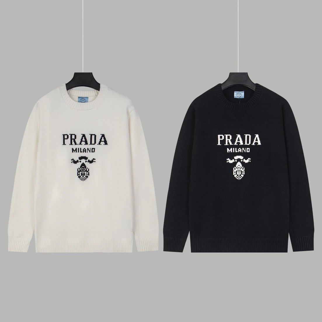 PRADA Sweater Round Neck Triangle Stitching Long Sleeve Pullover Thickened Lazy Style Sweater OS Loose Fit Knit Jacket Unisex