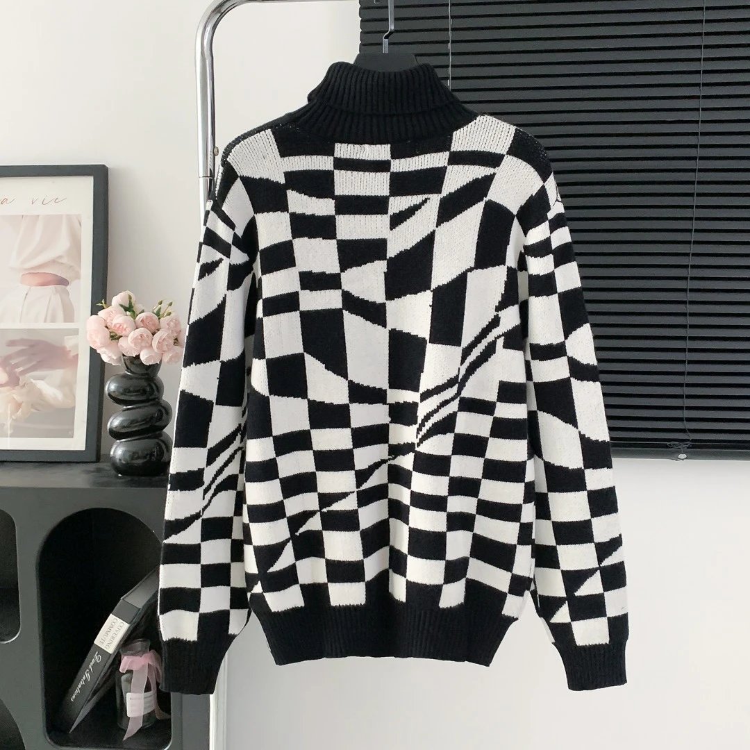 Louis Vuitton LV Sweater Irregular Twisted Black and White Checkerboard Pattern Turtleneck Sweater25ss Spring New Thickened Long Sleeve Pullover Unisex OS Loose Fit Top Versatile Casual Jacket Lazy Style