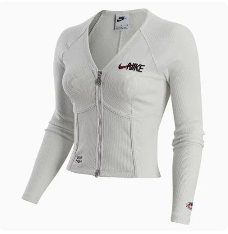 Nike Women's Tight V Collar Fishbone Rib Full Length Zip Placket Long Sleeve Top FD4797-126