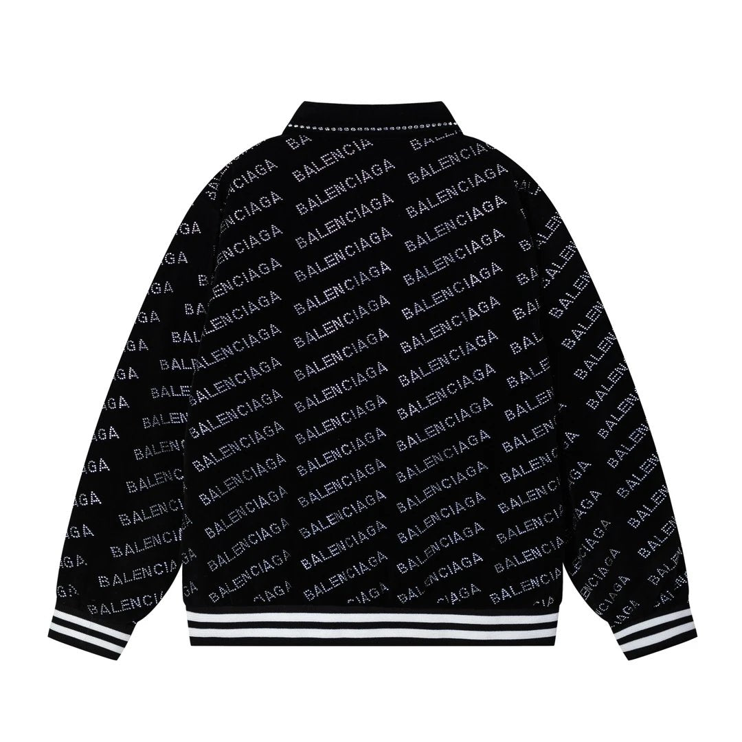 Balenciaga Jackets Whole Body logo Rhinestone Baseball Jacket Coat Unisex Autumn Winter New Thick Versatile