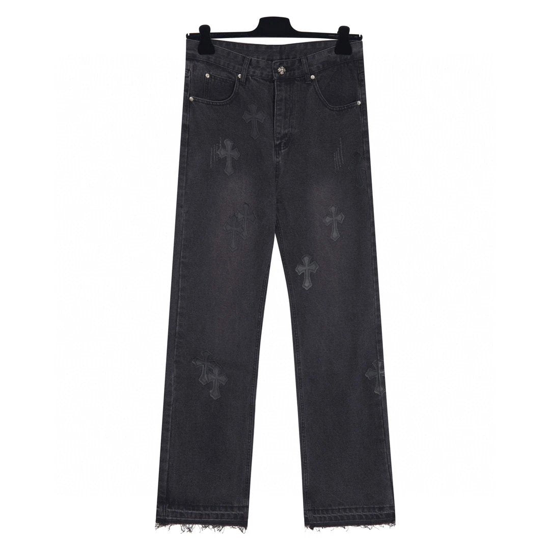 Chrome Hearts Jeans Splicing Leather logo25ss Spring Summer New Straight Loose Jeans Unisex Slim Fit Long Pants