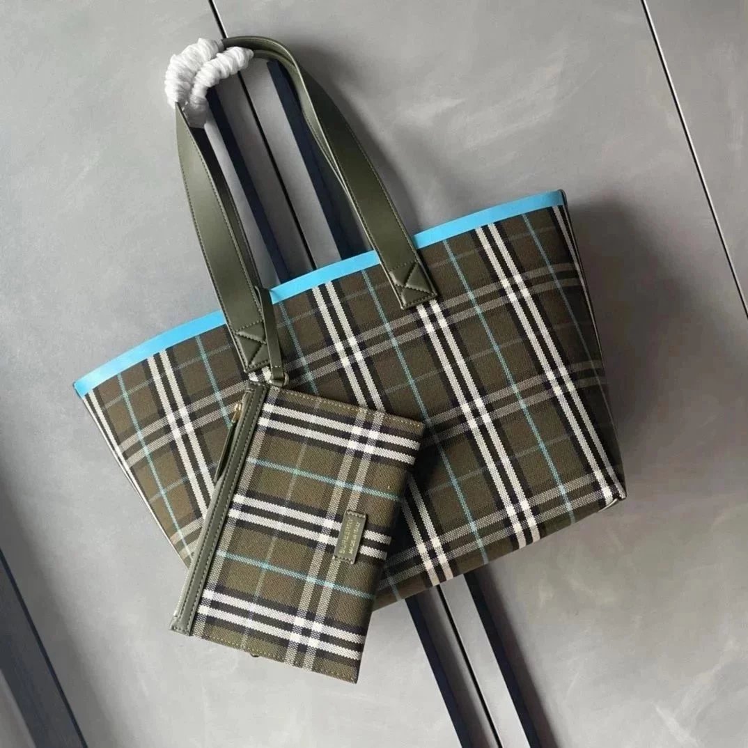 Burberry Women's Bag Top version 【Version Surrogate Shopping Babaojia Tote Bag420503】24New Plaid Cotton Canvas Tote Shopping Bag Mother Bag Coin Purse Vegetable Basket Bag Portable Mummy Bag Large Capacity Shopping Bag Handbag Backpack New Women's Bag