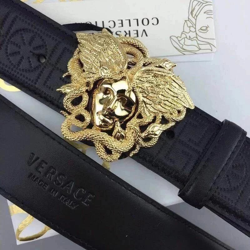 VERSACE Belt Top version Du Meisha Leather Belt Men's Smooth Buckle Cowhide Belt Hair Stylist Korean Style Casual Belt Trendy Men()Gift for Personal Use