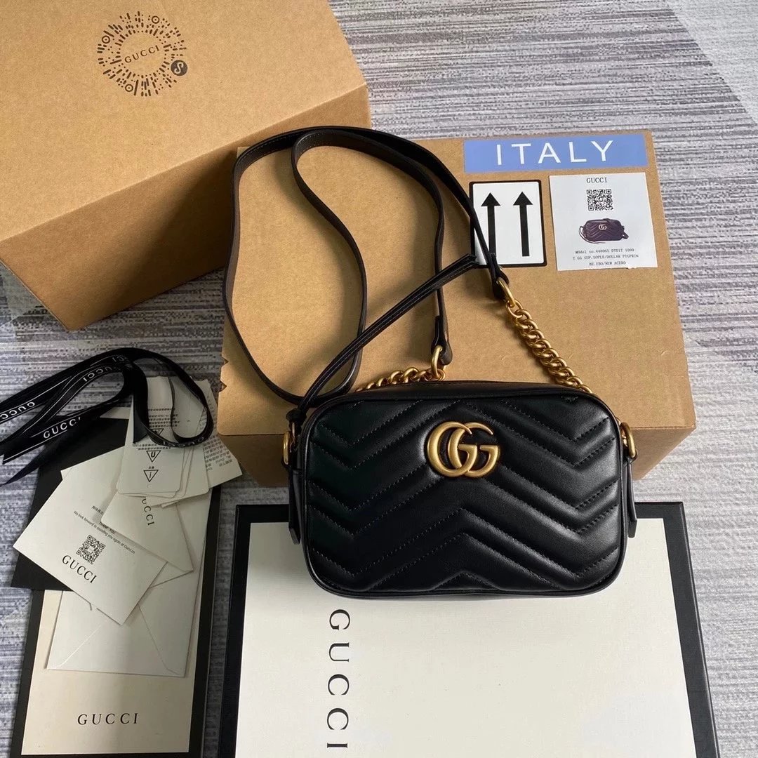 Gucci Women's Bag Top version 【 **Original Leather】Classic Ma Meng Camera Bag Marmont Series Camera Bag Crossbody Bag Large Small Size Size2023New Color Black Hardware Chain Shoulder Bag Large24cm Small Size18cm44763263493644806
