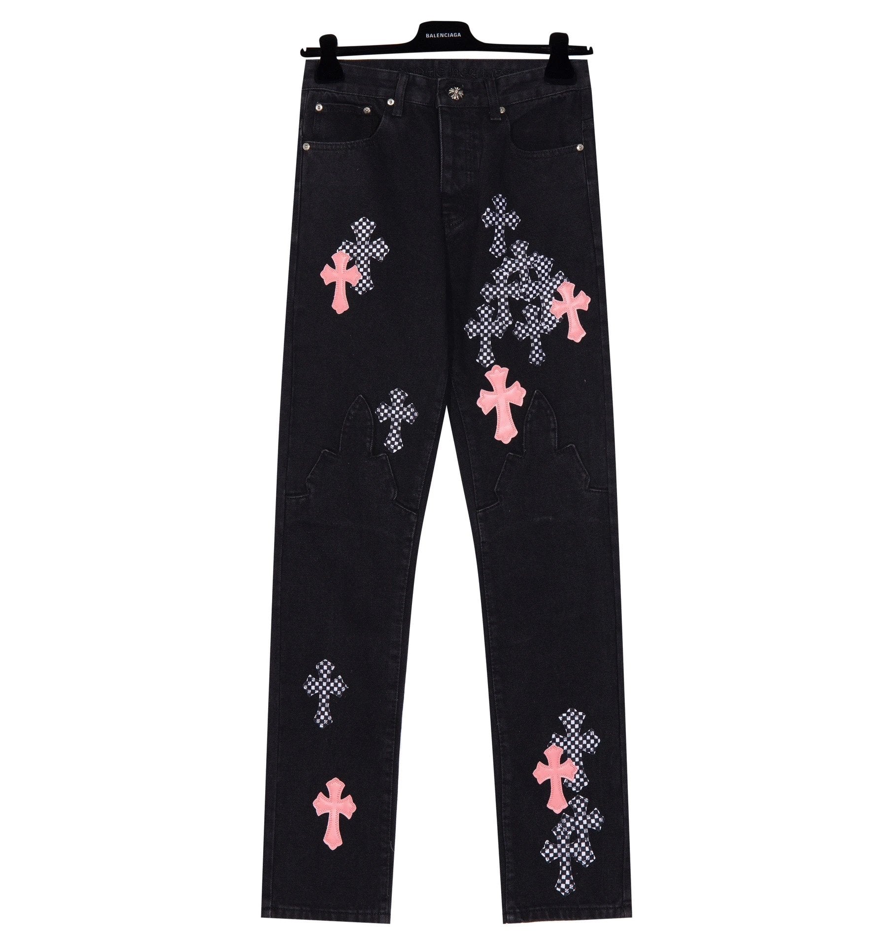 Chrome Hearts Jeans Flame Pink Cross Stitch logo25ss Spring Summer New Straight Loose Jeans Unisex Slim Fit Long Pants