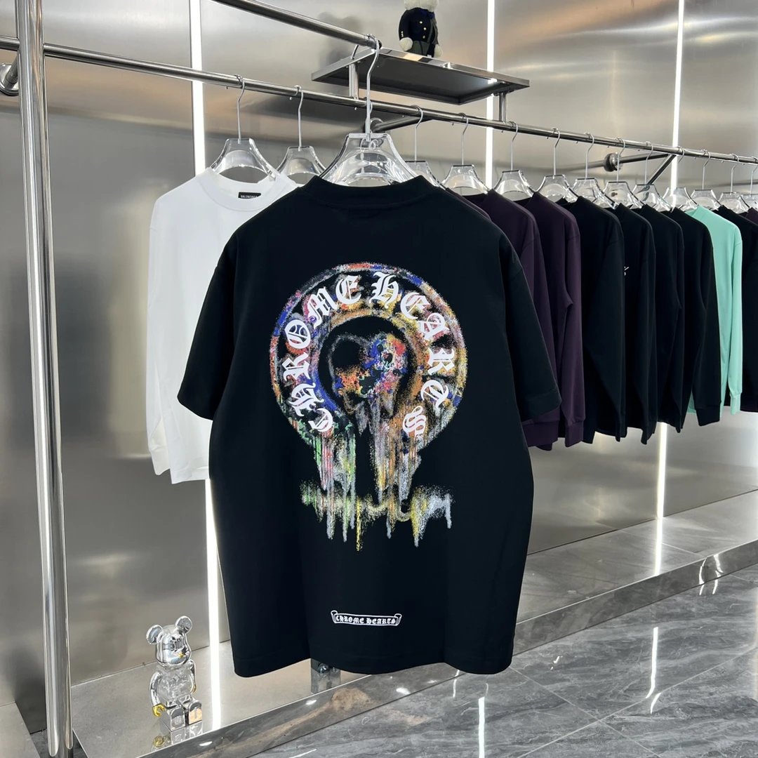 Chrome Hearts T-shirt Printed Hand-drawn Horse Hoof logo Round Neck Short Sleeve Pure Cotton Unisex T Shirt Bottoming Shirt OS Loose Fit T-Shirt