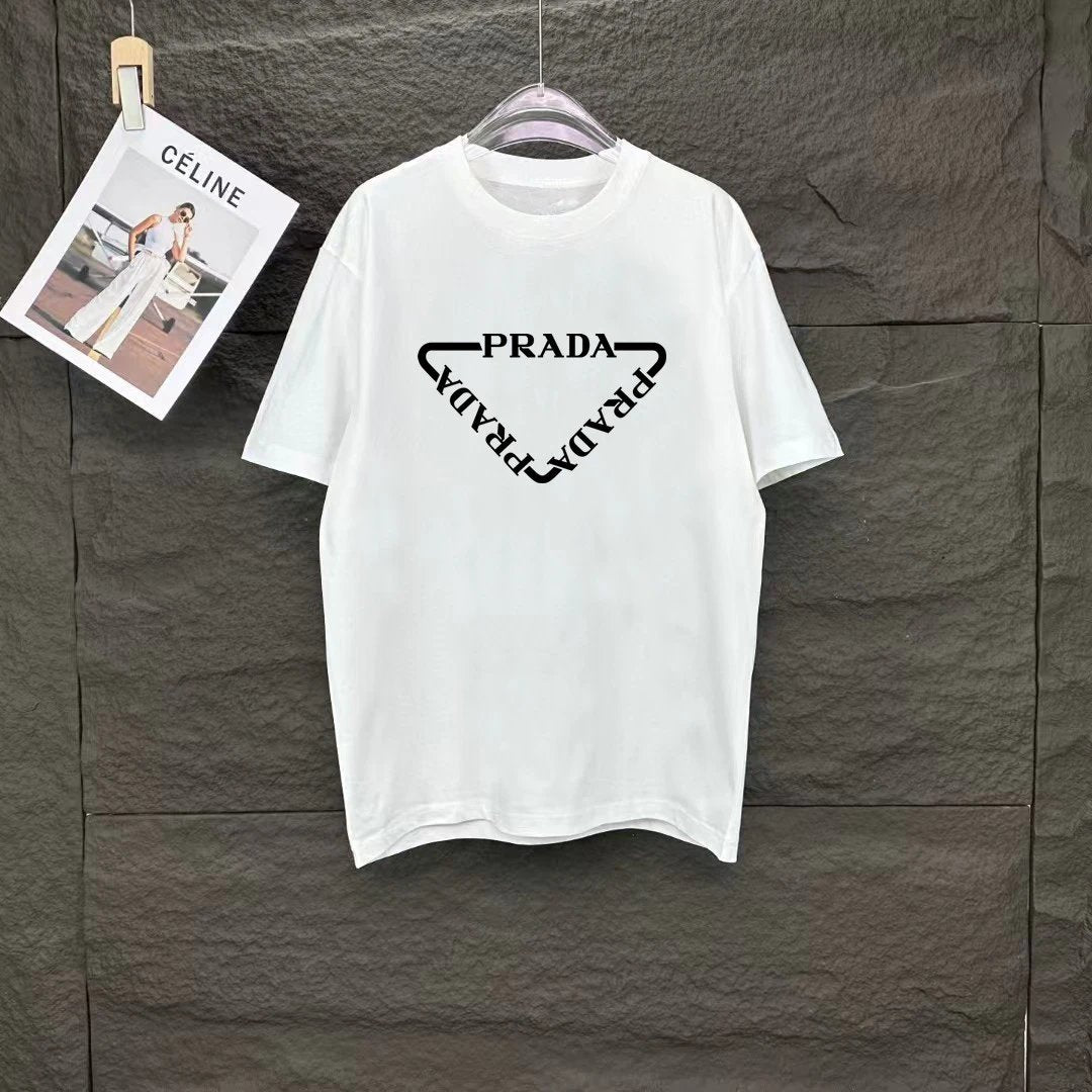PRADA T-shirt Triangular Letter Print on the Chest logo round Neck Short Sleeve25ss New Pure Cotton Unisex Style T Casual T-Shirt Base Layer Shirt OS Loose Fit Half Sleeve Top Plus Size