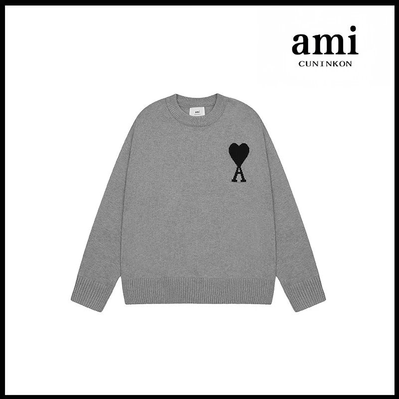 Ami Sweater Knitwear Classic round Neck Big Heart Jacquard Pullover Sweater Loose and Idle Sense Casual Couple Outfit-CY