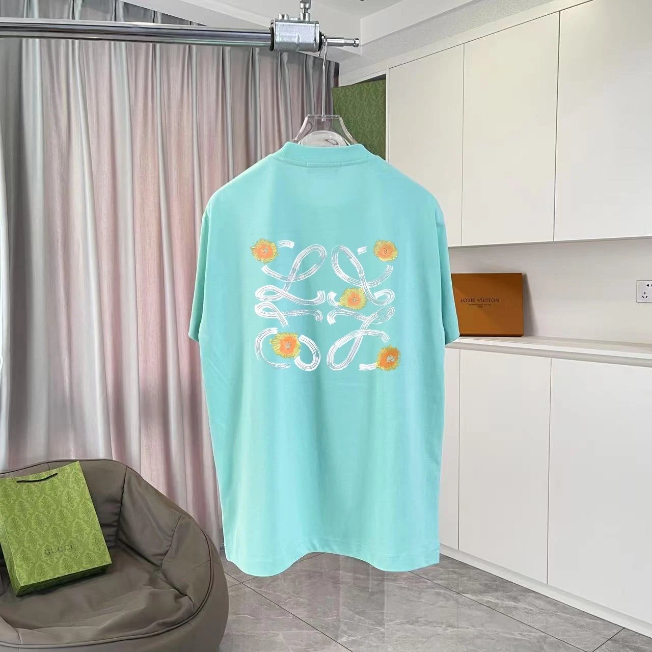 LOEWE T-shirt Back Sun Brand Pattern Print logo round Neck Short Sleeve25ss New Pure Cotton Unisex Style T Casual T-Shirt Base Layer Shirt OS Loose Fit Half Sleeve Top Plus Size