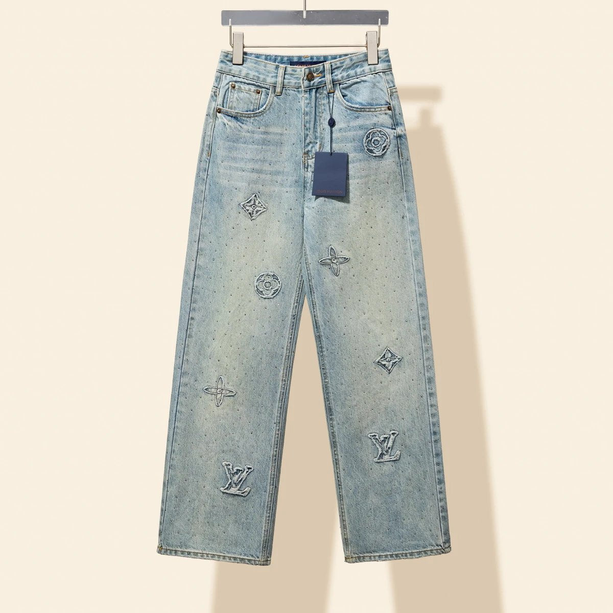 Louis Vuitton LV Jeans 3D Rhinestone Embroidered Straight Leg Jeans for Women Versatile Casual