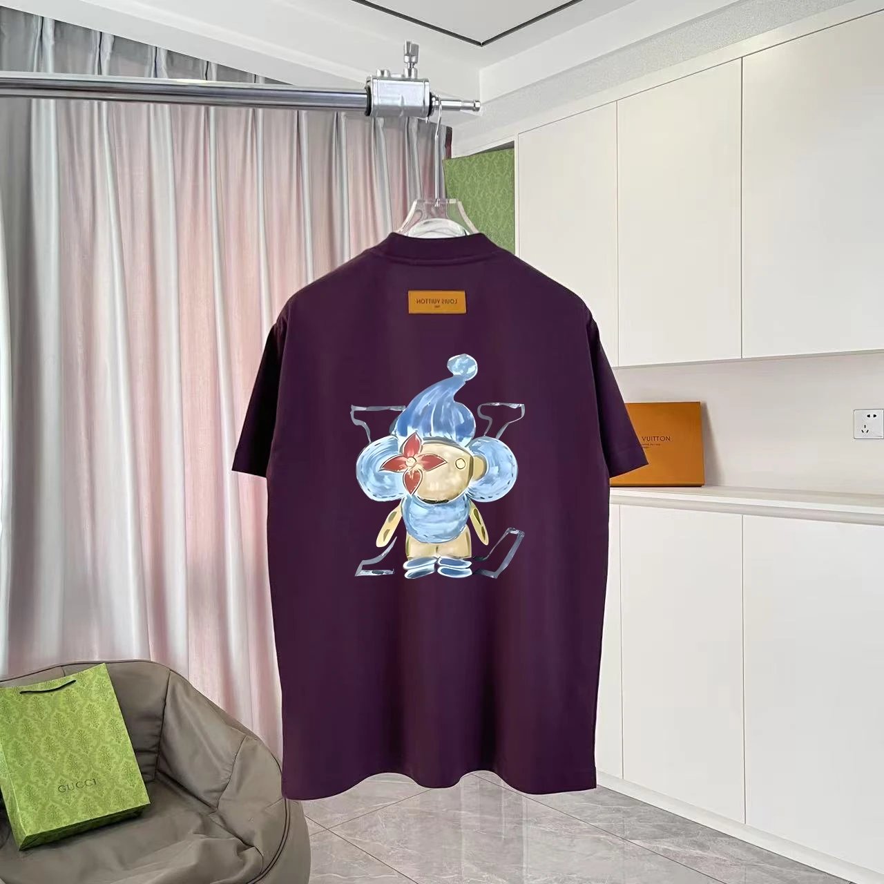 Louis Vuitton LV T-shirt Cartoon Floral Letter Print on the Back logo round Neck Short Sleeve25ss New pure cotton T Unisex T-Shirt OS Drop Shoulder Loose Fit Base Shirt Top T-Shirt Short Sleeve