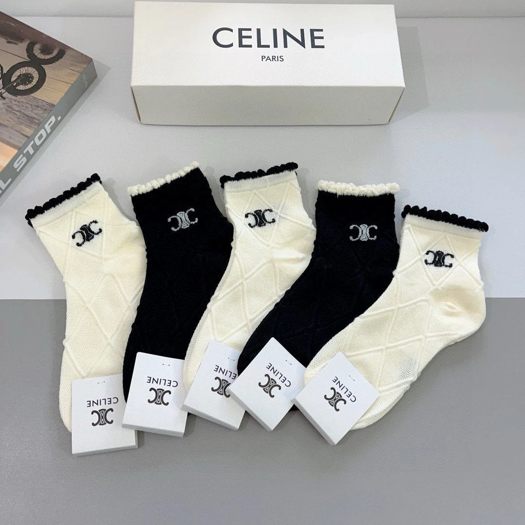 Celine Sock 【a Box5Double】Classic Pair C Letters logo Breathable and Stylish Pure Cotton Mid-Calf Socks25ss New Cotton Socks Spring Summer Autumn Sports Casual Versatile Business Thin Deodorant Sweat-Absorbing