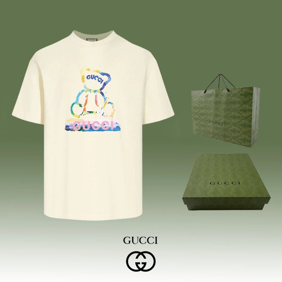 Gucci T-shirt Colorful Letter Bear Print on Chest logo round Neck Short Sleeve25ss New Pure Cotton Unisex Style T T-shirt OS Loose Fit Base Shirt Half Sleeve T-Shirt Top Half Sleeve