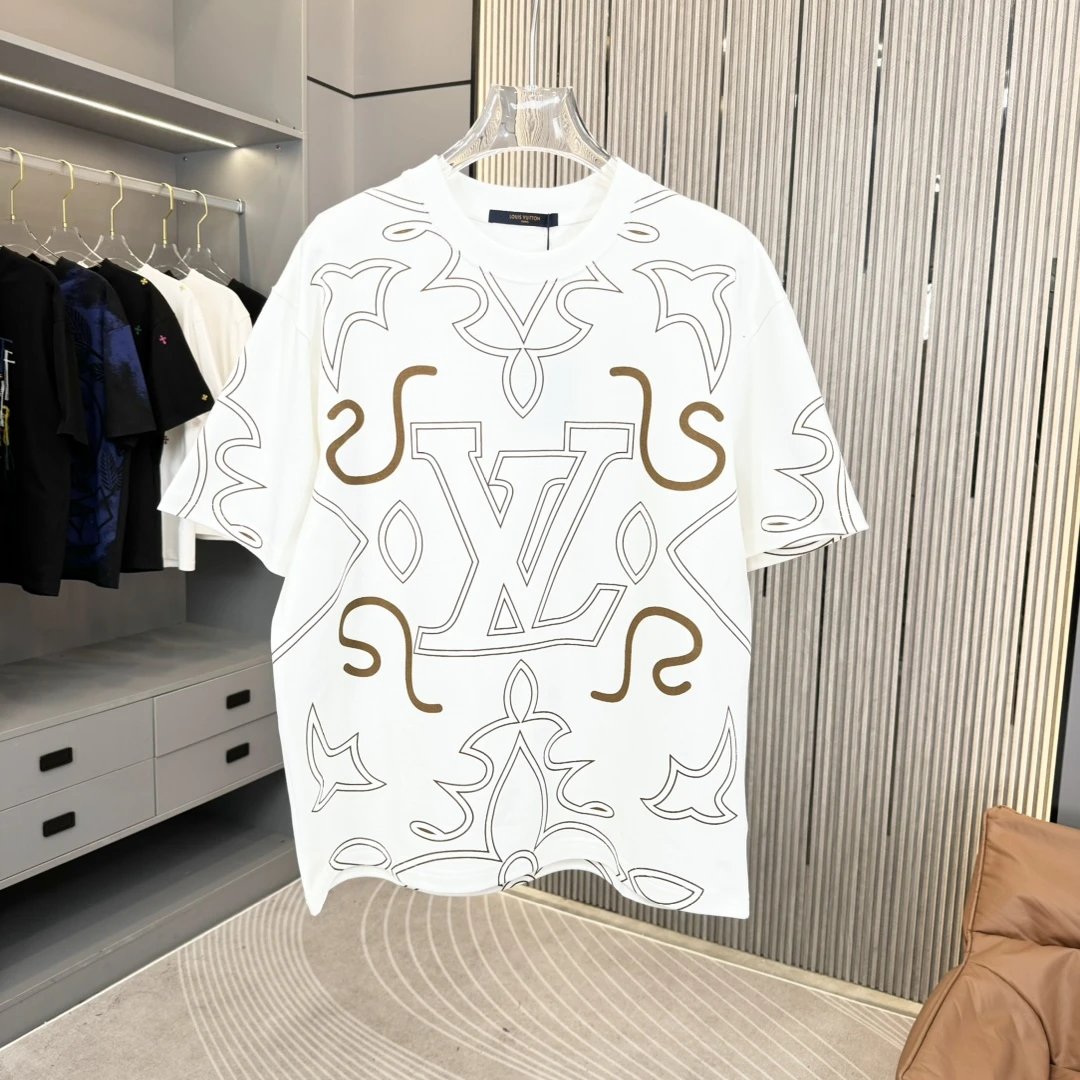 Louis Vuitton LV T-shirt Full-body Colorful Embroidery Craft logo round Neck Short Sleeve25ss New Pure Cotton Unisex Style T Casual T-Shirt Base Layer Shirt OS Loose Fit Half Sleeve Top Plus Size