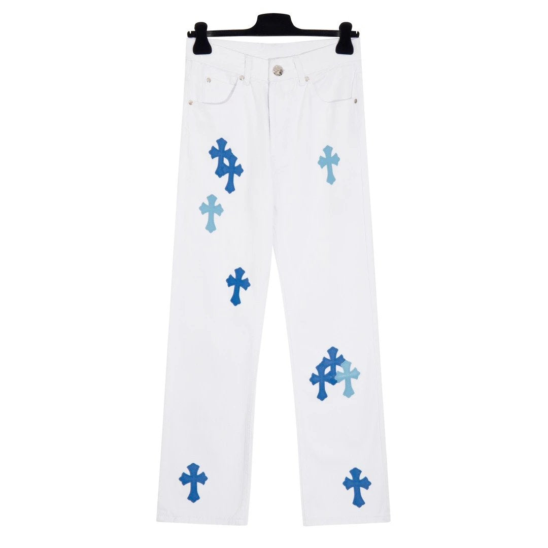 Chrome Hearts Jeans Cross Stitch Leather logo25ss Spring Summer New Straight Leg Jeans Unisex Slim Fit Long Pants Loose